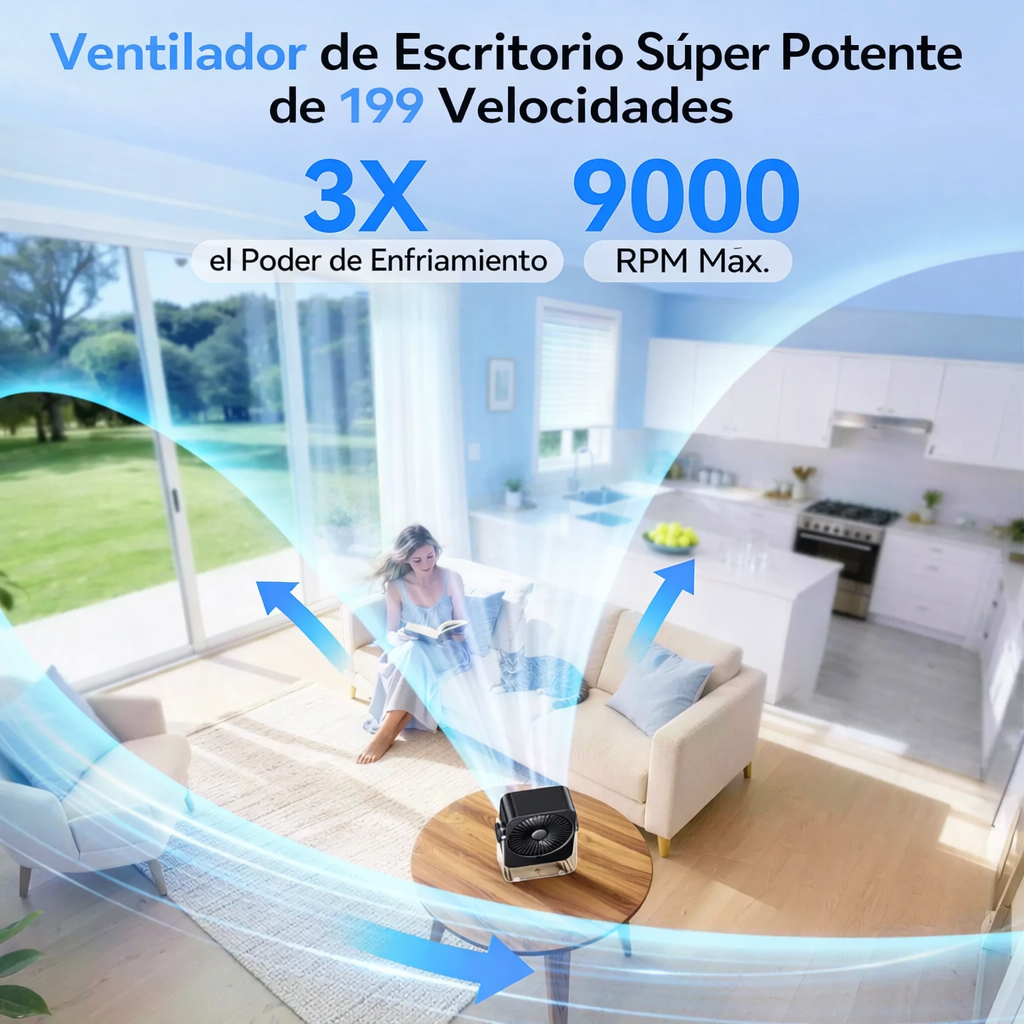 Ventilador de Escritorio KIMMOO - 199 Velocidades, Pantalla Digital, Recargable USB, Rotación 270°, Silencioso para Oficina y Hogar